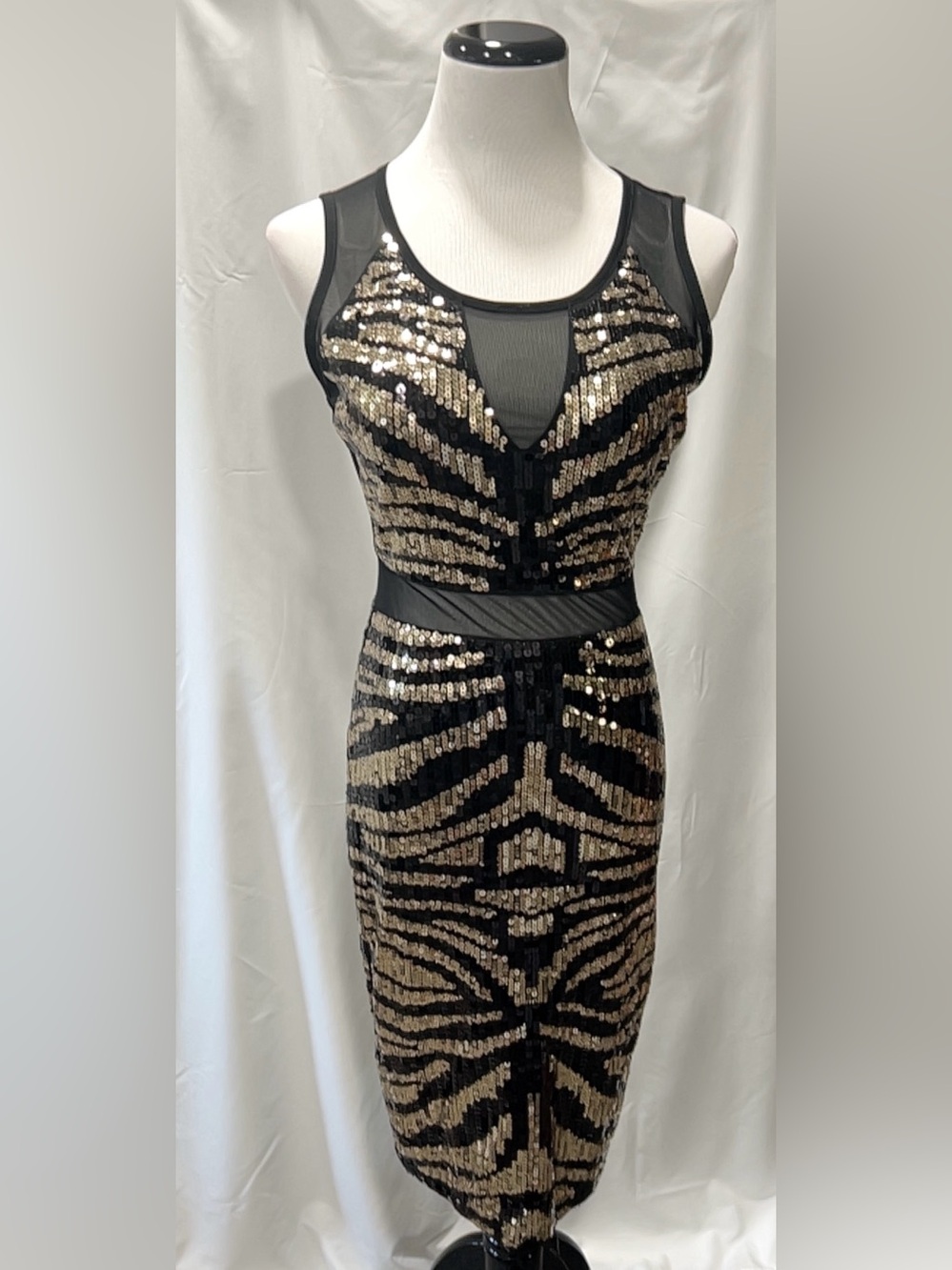 Bebe Black Gold Sequin Zebra Mesh Cutout Midi Cocktail Party Dress Size Small